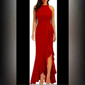 WOOSEA Women's High Neck Split Bodycon Mermaid Evening Cocktail Long Dress.